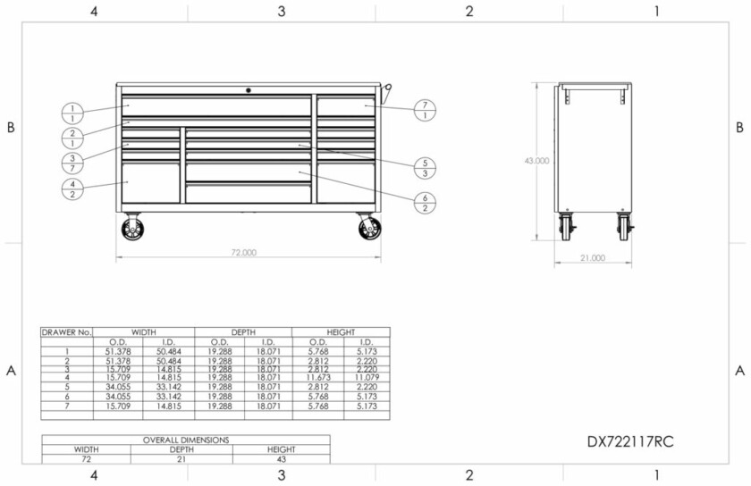 72 Inch 17 Drawer Roller Cabinet, DX Series By Extreme Tools®