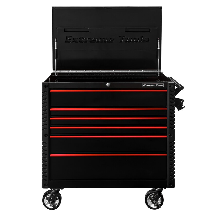 EX4106BKRD-FRONT-OPEN-Extreme-Tools-41-6-Drawer-Deluxe-Tool-Cart-with-Pry-Bar-Holders-And-Flip-Top