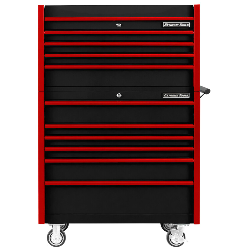 DX4110CRKR- Black with Red Drawer Pulls-FRONT-EXTREME TOOLS