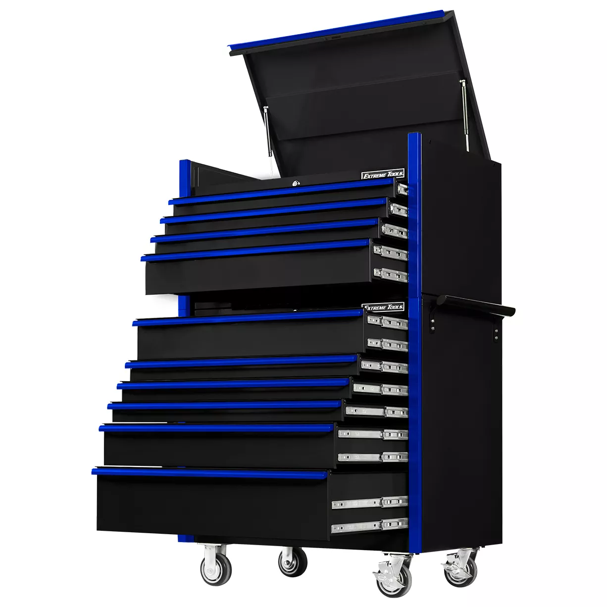 DX4110CRKU-Black-with-Blue-Drawer-Pulls-RIGHT-OPEN-EXTREME-TOOLS.jpg Extreme Tools® DX4110CR 41” 4 Drawer Top Chest (DX4104CH) & 6 Drawer Roller Cabinet (DX4106RC) Combo, DX Series - Image 1