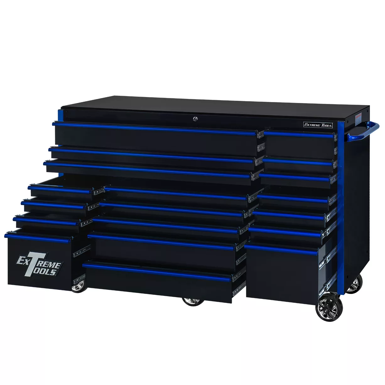 Extreme Tools® RX Series 72” 19 Drawer Professional Triple Bank Roller Cabinet with 150 lbs. drawer slides - Image 15