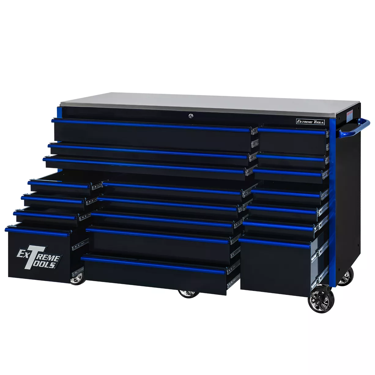Extreme Tools® RX Series 72” 19 Drawer Professional Triple Bank Roller Cabinet with 150 lbs. drawer slides - Image 16