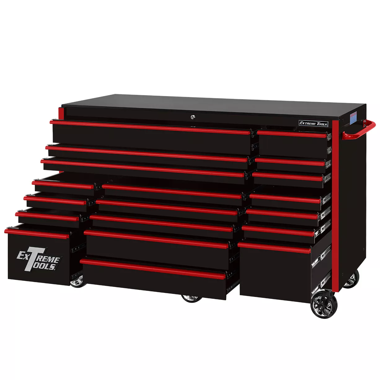 RX722519RCBKRD-X-Right-Open.jpg Extreme Tools® RX Series 72” 19 Drawer Professional Triple Bank Roller Cabinet with 150 lbs. drawer slides - Image 1