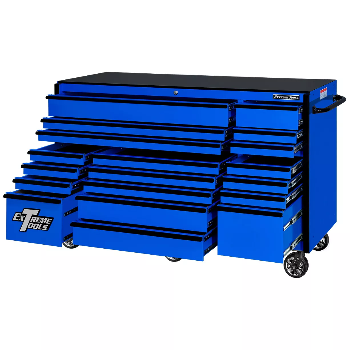 Extreme Tools® RX Series 72” 19 Drawer Professional Triple Bank Roller Cabinet with 150 lbs. drawer slides - Image 19