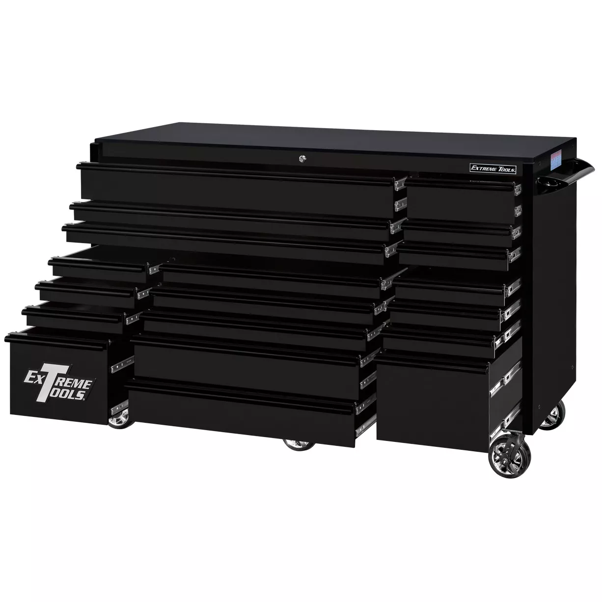 Extreme Tools® RX Series 72” 19 Drawer Professional Triple Bank Roller Cabinet with 150 lbs. drawer slides - Image 23