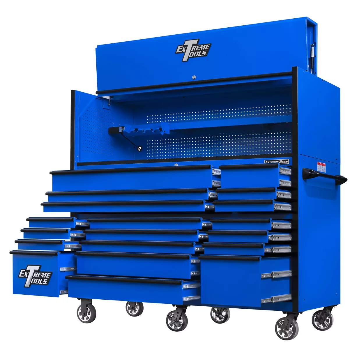 Extreme Tools 72in. x 30in. 19 Drawers Triple Bank Roller Cabinet and Power Workstation Hutch Combo - Image 17