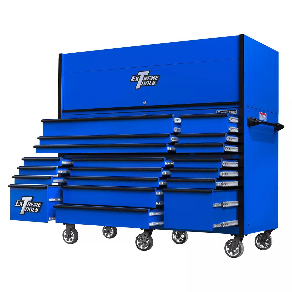 Extreme Tools 72in. x 30in. 19 Drawers Triple Bank Roller Cabinet and Power Workstation Hutch Combo - Image 16