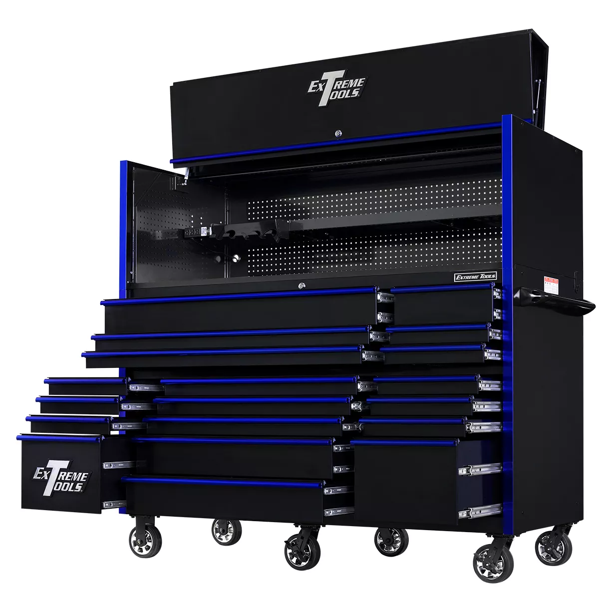 Extreme Tools 72in. x 30in. 19 Drawers Triple Bank Roller Cabinet and Power Workstation Hutch Combo - Image 7