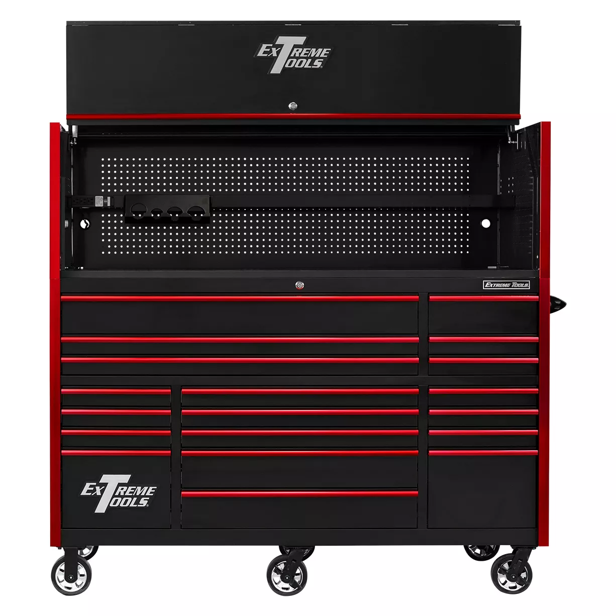 Extreme Tools 72in. x 30in. 19 Drawers Triple Bank Roller Cabinet and Power Workstation Hutch Combo - Image 8