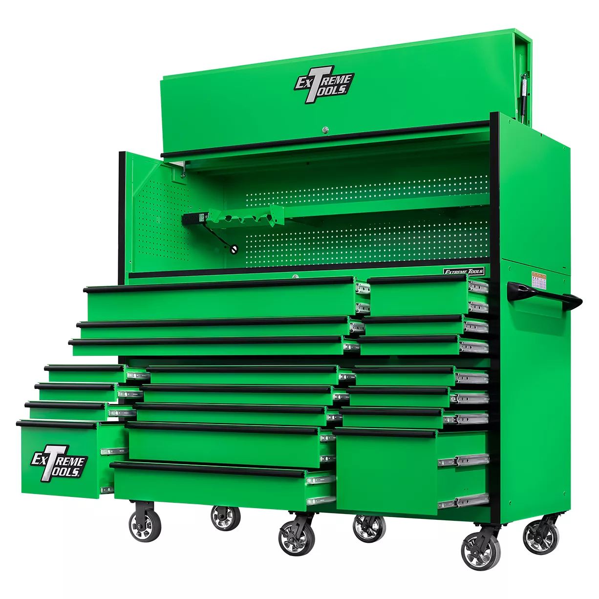 Extreme Tools 72in. x 30in. 19 Drawers Triple Bank Roller Cabinet and Power Workstation Hutch Combo - Image 21