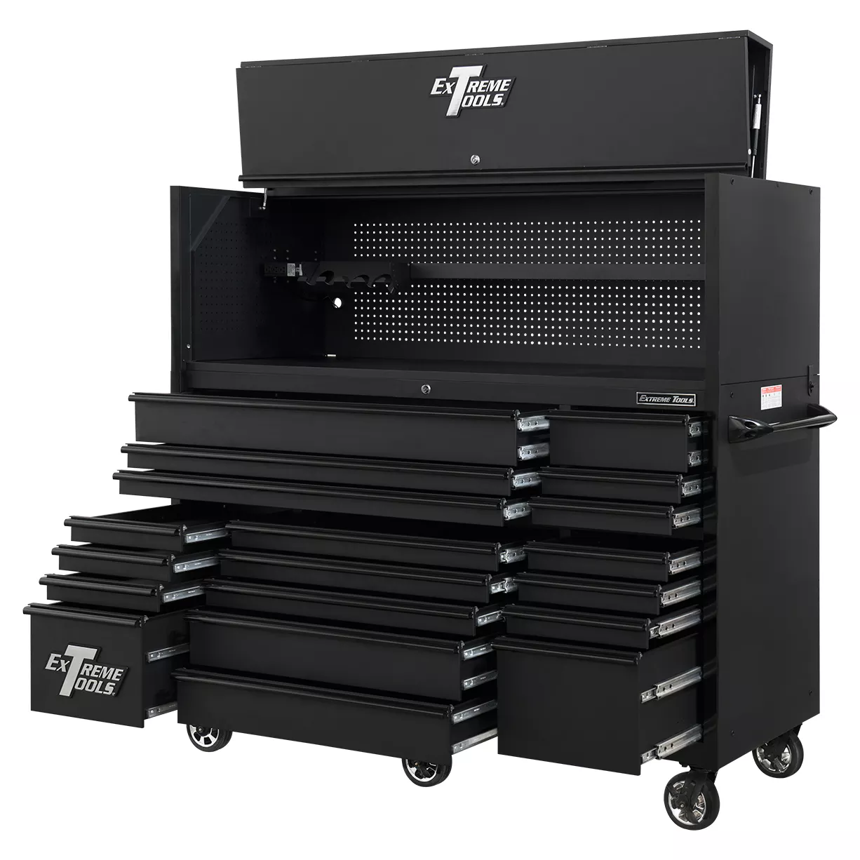 Extreme Tools 72in. x 30in. 19 Drawers Triple Bank Roller Cabinet and Power Workstation Hutch Combo - Image 29