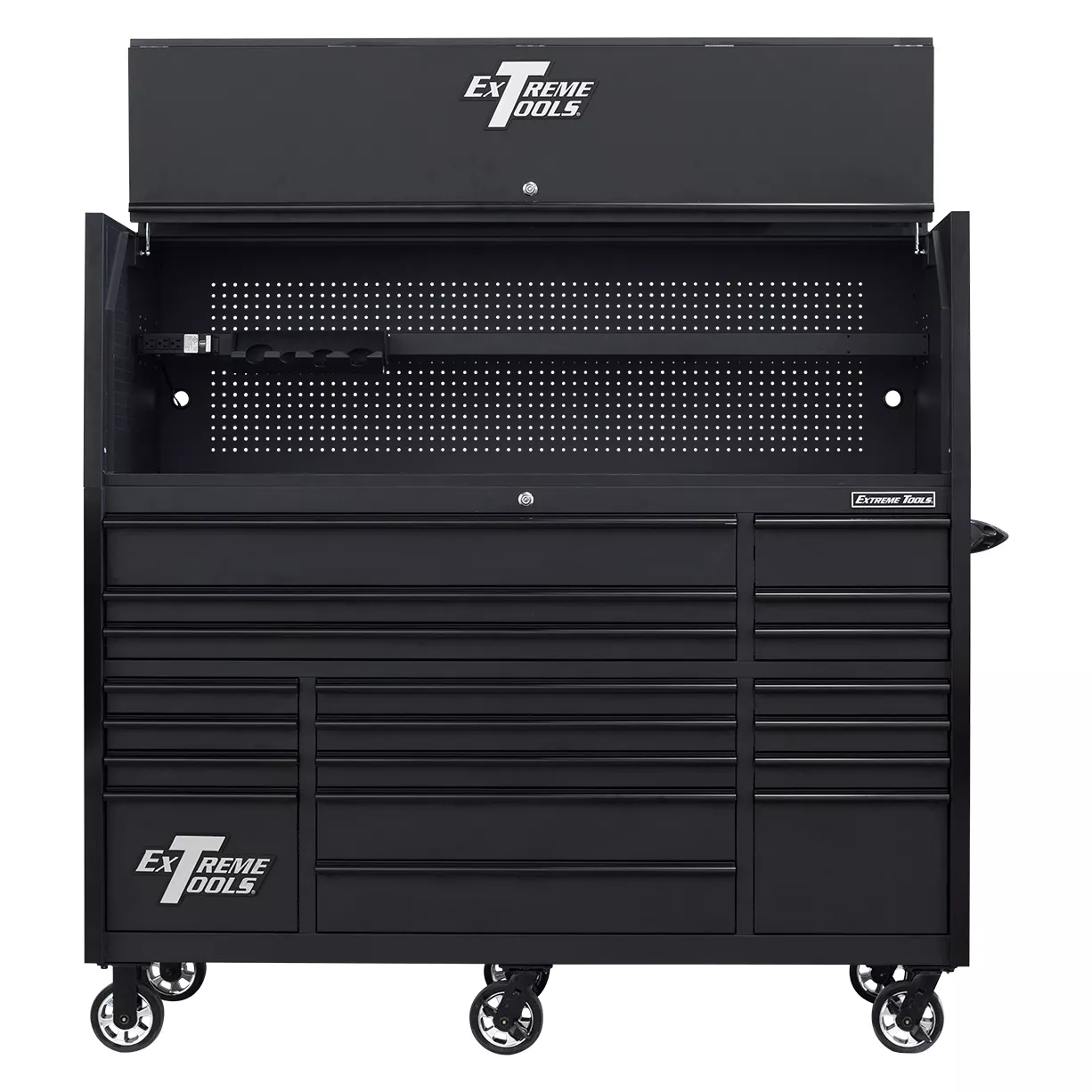 Extreme Tools 72in. x 30in. 19 Drawers Triple Bank Roller Cabinet and Power Workstation Hutch Combo - Image 23