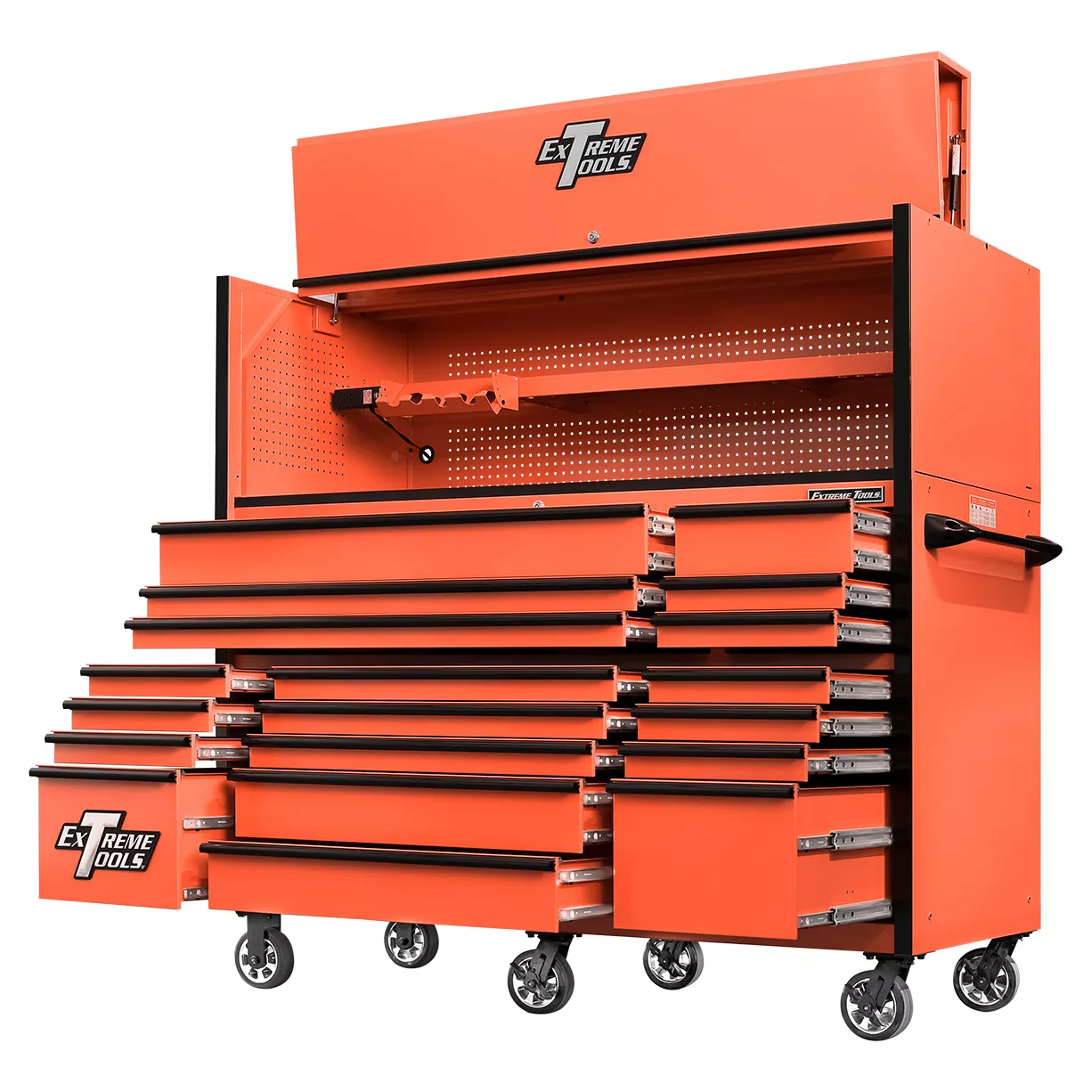 Extreme Tools 72in. x 30in. 19 Drawers Triple Bank Roller Cabinet and Power Workstation Hutch Combo - Image 1